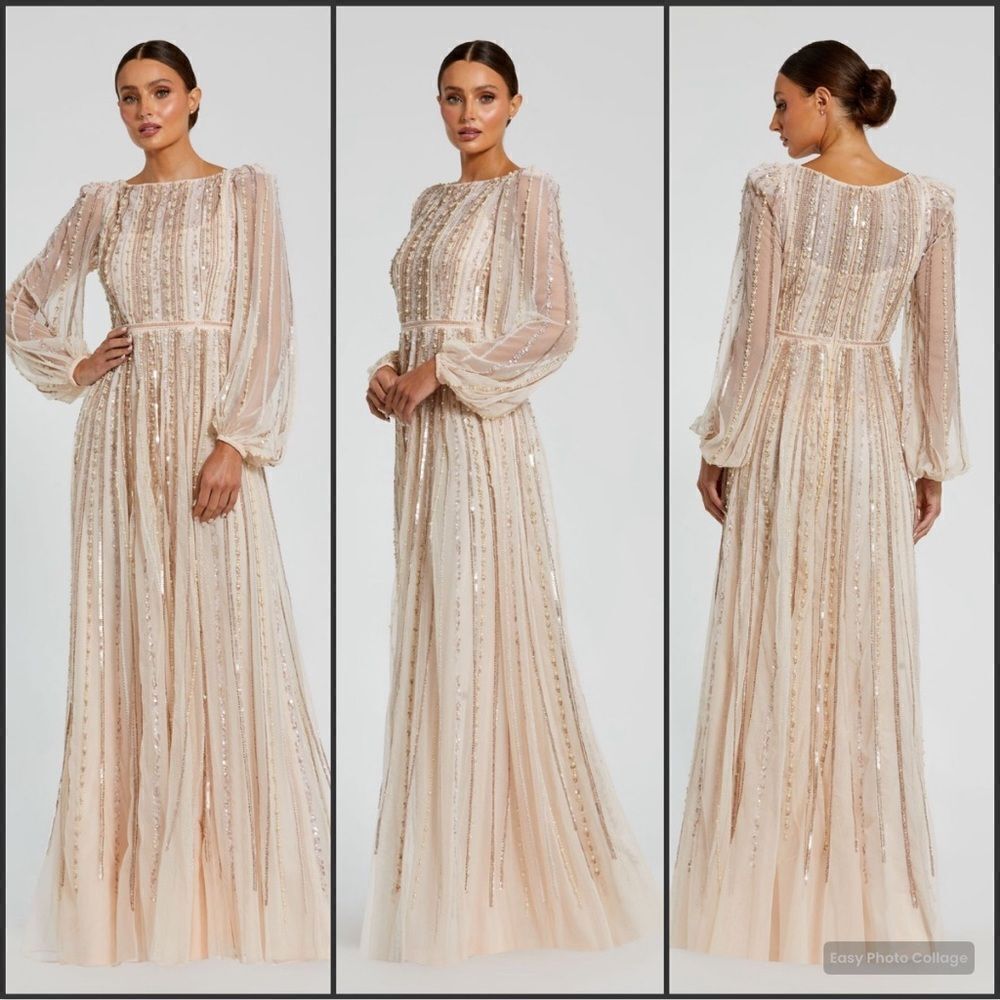 MAC DUGGAL 94081 Pink Boat Neck Long Sleeve Gown With Striped Beading